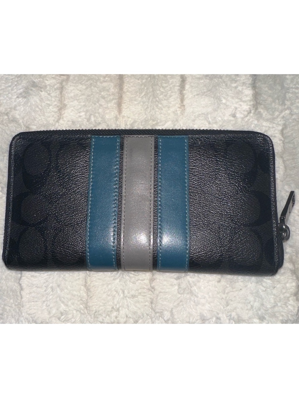 Coach Leather Accordion Zip Wallet Signature Stripe Charcoal Teal Grey